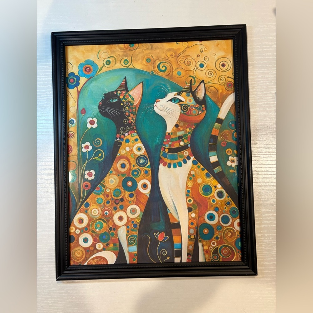Colorful Cat Art Print in Black Frame
